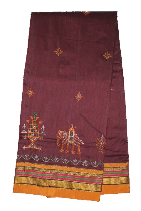 Image of Women Ilkal Cotton Blended Silk Kasuti Embroidery Saree with Traditional Stripe Pallu Unstitched Blouse Pattu