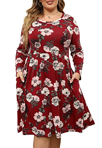 Image of Nemidor Women's Round Neck Long Sleeve Casual Plus Size Fit and Flare Midi Dress with Pocket NEM169