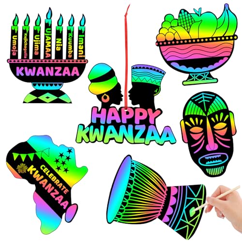 JULMELON 36 PCS Kwanzaa Crafts for Kids, Kwanzaa Magic Rainbow Scratch Art Paper Cards Kwanzaa Gifts for Students School Classroom Activities DIY Crafts Party Favors