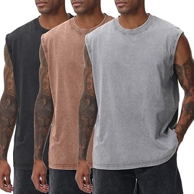 SnowElve 3 Pack Men's Workout Tank Tops Acid Wash Sleeveless Muscle Shirt Gym Running Loose Fit Tee