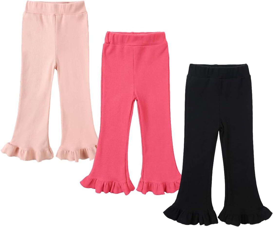 Bafeicao 3 Pack Toddler Baby Girl Flare Pants Ribbed Bell Bottoms with Ruffle Elastic Waist Leggings Trousers