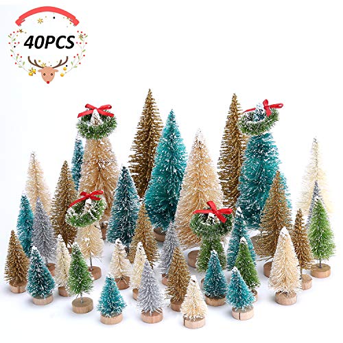 Colovis 40 Pcs Artificial Mini Christmas Trees,Sisal Trees Bottle Brush Trees with Christmas Wreaths for Christmas Table Decorations,DIY Home Decor.