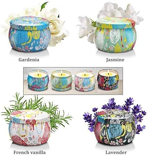 Scented Candles Set Gift for Her 4 Pack 4.4 Oz Natural Soy Wax Candles in Tin with Vanilla Lavender Fragrance for Home Aromatherapy for Women Gift for Mum Wife Friends Birthday Mother's Day Presents