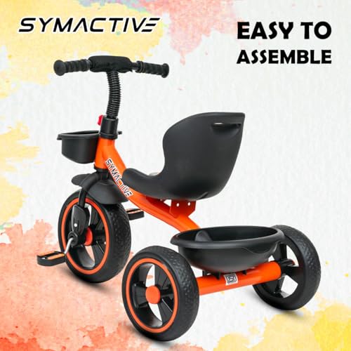 Image of Amazon Brand - Symactive Tricycle for Kids | Plug N Play | Baby Cycle with Grip Handle, Eva Wheels, Seat & Basket | Kids Tricycle /Cycle | 2+ Years Unisex | Weight Limit Upto 25 Kgs (Orange)