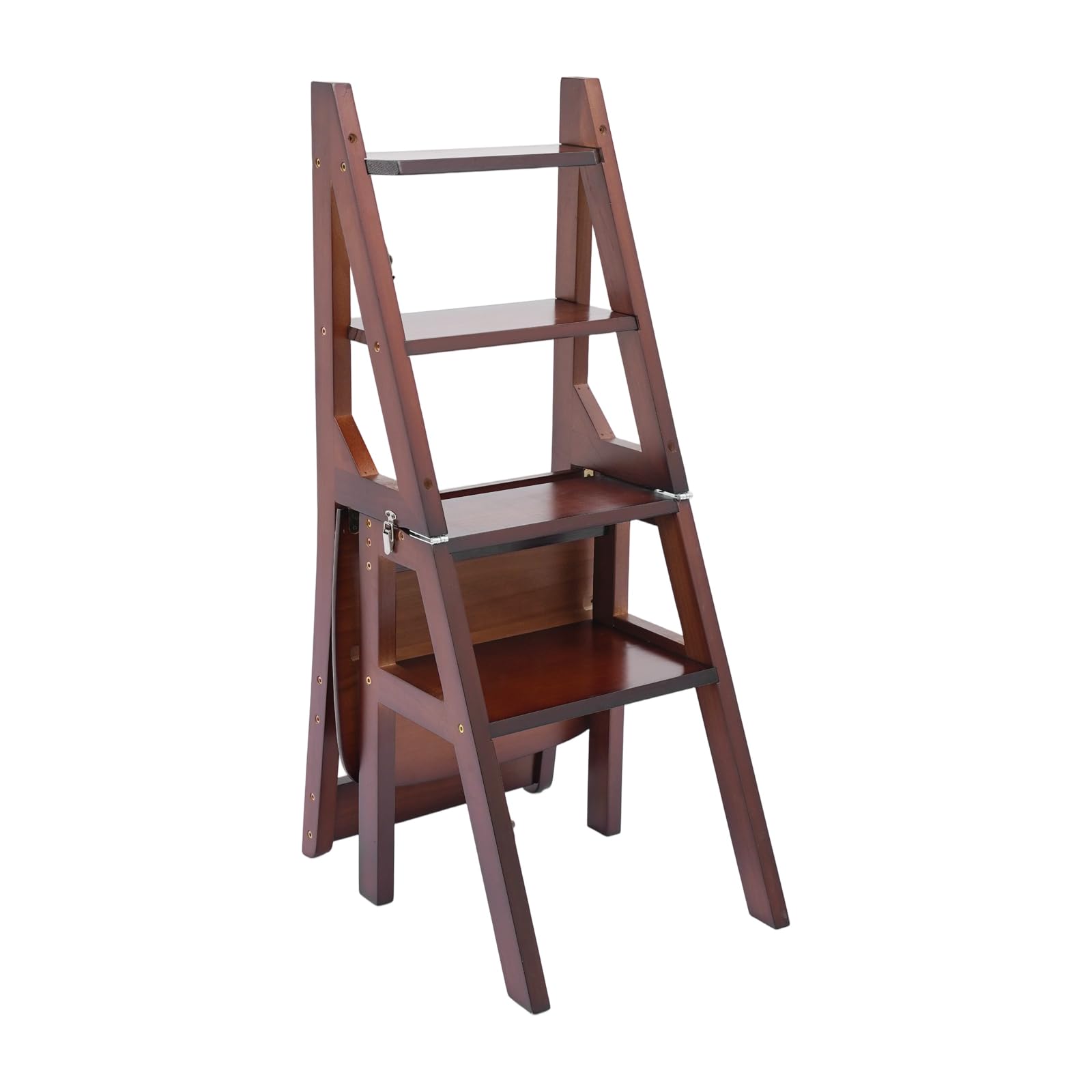 WooDerson Escalera plegable de madera maciza, 4 peldaños, plegable, soporte para flores y taburete plegable, soporta hasta 100 kg (marrón nogal)