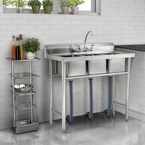 Image of WILPREP NSF Stainless Steel 3 Compartment Commercial Sink 11x10x10 Inch Basins, Kitche Station Utility Sink for Restaurant Bar Home Laundry Room Garage
