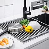 EQTECH Scolapiatti da Appoggio per Lavello, Pieghevole in Acciaio inossidabile – Tappetino Scolapiatti Arrotolabile, Sopra Lavello, Organizer Cucina Salvaspazio, Antiruggine con Bordi in Silicone.