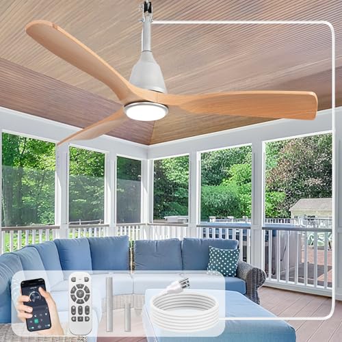 Image of Depuley Outdoor Ceiling Fan with Lights: 52 inch Silver Gazebo Fans Outdoor Hanging with Remote APP Control - Plug in Waterproof Fans with Light for Patio Porch Reversible Wood Blades 3CCT 6 Speeds Timer