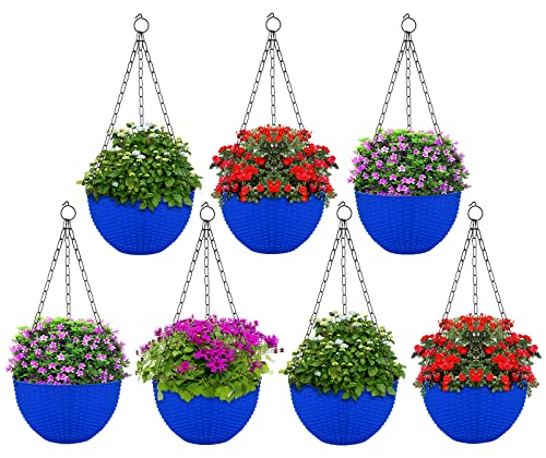 Image of Heat Home Plastic Hanging Flower Pot for Balcony & Railing Set (Blue, Set of 7)