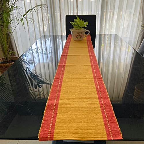 Image of Rangbhar Handloom Ribbed Cotton Table Runner for Living /Dining Room /Home Decor, Anti Skid, Reversible, Machine Washable, 12 X 72 inches, Striped, Red Mustard