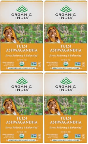 Organic India Calming Tulsi Herbal Tea Favorites - Holy Basil, Ashwagandha, Honey Chamomile, Sleep - Adaptogen, Vegan, USDA Certified Organic, Non-GMO - 18 Infusion Bags (Pack of 4)