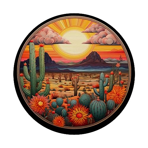 Desert Nature Landscape Scene Cactus sun mountains PopSockets Swappable PopGrip, Black - Image 3