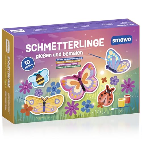 Smowo 10 Schmetterling Gipsfiguren zum Gießen und Bemalen - Mädchen Bastelset zum Gips giessen mit 10 Figuren für Kinder - Geschenk zum Basteln