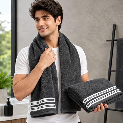 Image of Kiyro 100% Cotton Towels for Bath | Towels for Bath Large Size Bath Towel - Soft & Absorbent | 450 GSM | 1 Piece Bath Towel for Men /Women | Urban Comfort | 70 cms x 140 cms (Dark- Grey)