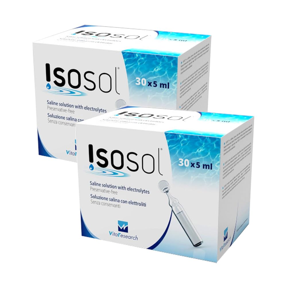 Isosol VitaResearch 30 x 5 ml - Pack de 2 Cajas - Solución Salina Estéril con Electrolitos para Lentes de Contacto y Lavado Ocular - Sin Conservantes, Enriquecida con Minerales Esenciales