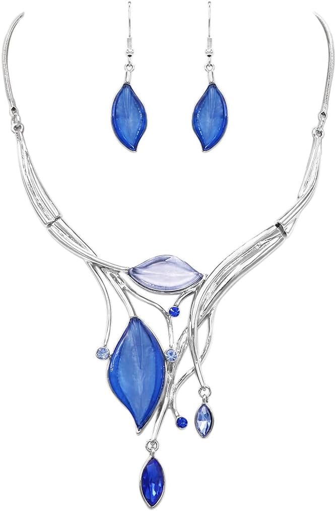 Rosemarie Collections Women's Colorful Resin Leaf And Crystal Design Statement Bib Necklace Earrings Set, 14"+3" Extender (Earrings May Vary Between Post Back And Fish Hook)