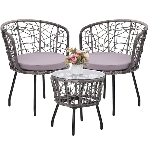 Kromax Boho 3 Piece Bistro Set, Modern Outdoor Wicker Patio Furniture with Tempered Glass Table Top and 2 Chairs, Washable Cushions, Grey Rattan and Grey Cushion