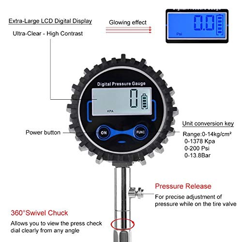 HMTE Manómetro Digital de presión de neumáticos 200 PSI Portabrocas de Aire Intercambiable Compatible con automóviles Motocicleta RV SUV Camión Bicicleta Neumático