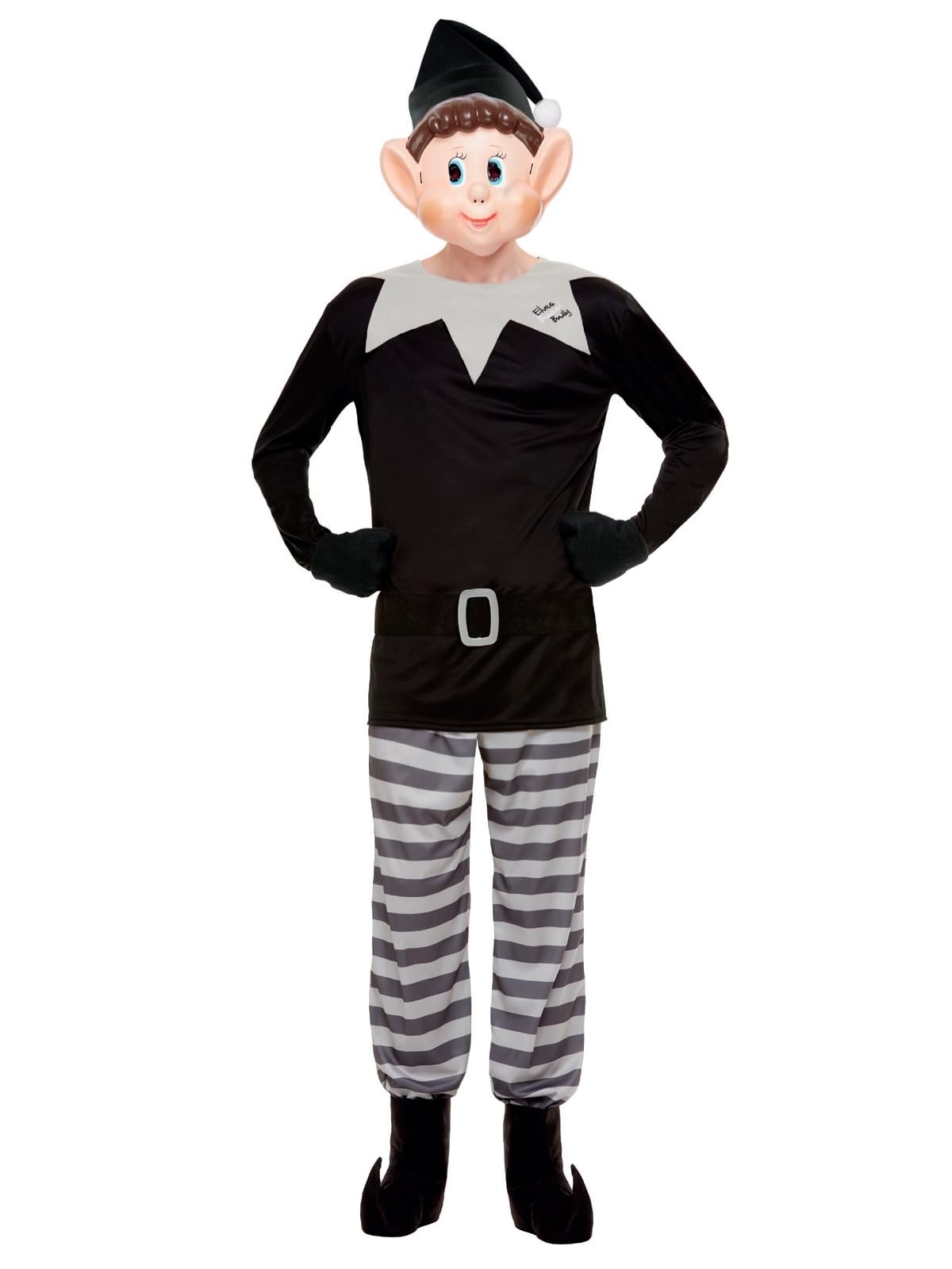 Smiffys Elves Behavin' Badly Bad Elf Costume for Adults, Top, Trousers, Hat, Gloves, Boot Covers, and Mask, Grey and Black, Officially Licensed, Ideal for Matching Couples and Group Fancy Dress