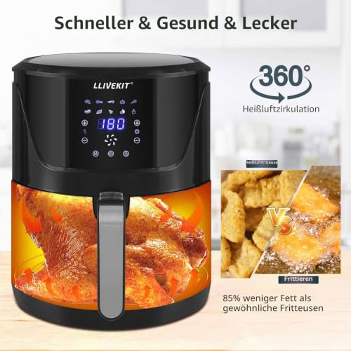 LLIVEKIT Heißluftfritteuse XXXL mit 7 Liter in Silber, Heissluft Fritteusen Air Fryer mit Digitalem...