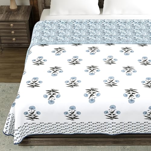 Image of BLOCKS OF INDIA 100% Cotton Dohar King Size Reversible Hand Block Printed Malmal Summer Dohar /Blanket (Color 48)