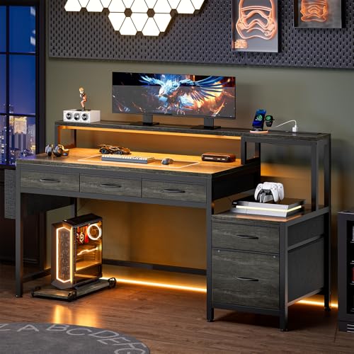 Image of REAHOME 61 Inch Gaming Desk with Charging Station and LED Lights, Reversible Computer Desk with Storage Drawer and Monitor Stand, Modern Desk Table with File Cabinet & Side Pocket, Grey Oak