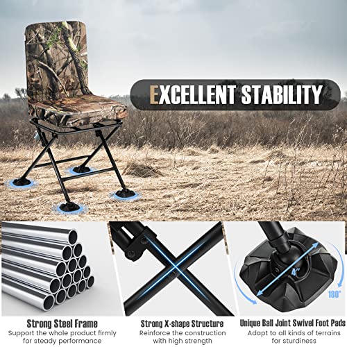 Image of Tangkula Hunting Chair, 360 Degree Swivel Camouflage Portable Folding Hunting Blind Chair with Padded Cushion, Adjustable Foot Pads for Blinds, Fishing, Camping