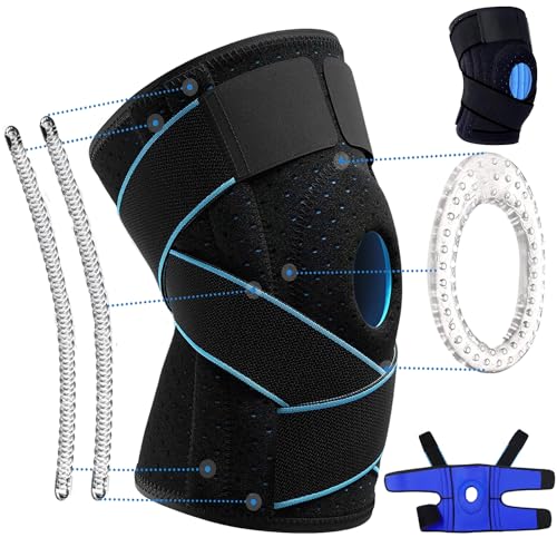 MakyFour Rodillera para Menisco y Ligamento | Lesiones Crossfit Gym Deporte | Ajuste Comodo con Cintas Elasticas - 4 Estabilizadores Laterales y Almohadilla de Gel en Rotula (Azul)