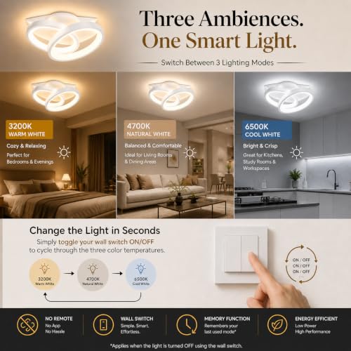 Image of 50W Round LED Ceiling Light, Modern Chandelier Ceiling Lamp, 3 Color Modes Warm /Natural /Cool White, CRI 97 Eye Protection, Anti-Glare Lighting for Bedroom, Living Room, Hall, Office, White