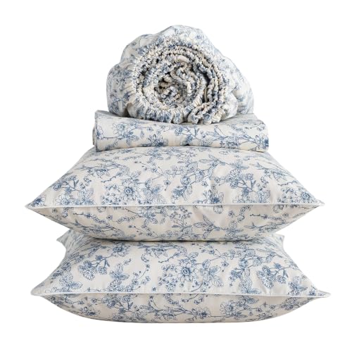 Image of Vintage Blue Floral Percale Bed Sheets King Size Deep Pocket, 4Pcs | 100% Cotton Neutral Flower Sheet Set, Shabby Chic Cottage Core Sheets, French Toile Bedding, Farmhouse, Leaf Patterned, White