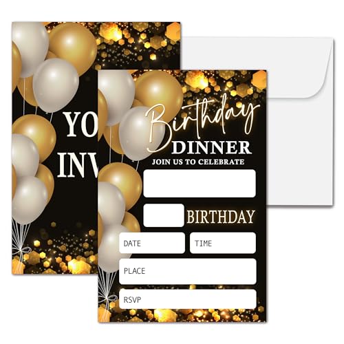 Black Gold Balloon and Glitter Birthday Party Invitation Cards for Boys Girls, Modern Birthday Party Invite Cards Decorations and Supplies, 20 Double-Sided Fill in Invites with Envelopes - A04