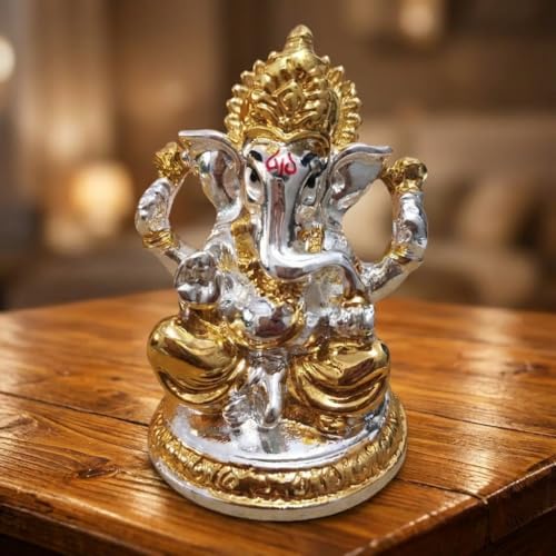 Image of Gold Plated Ganesh Idol | Ganpati Murti for Car Dashboard, Office Desk, Hindu God Gift & Home Decor - Resin (Silver - 2.5 in)