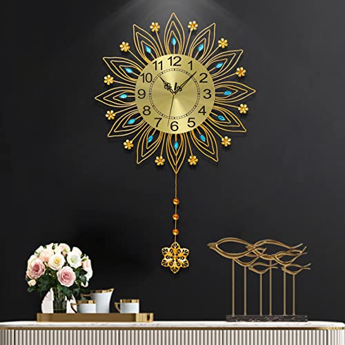 35.4inch Gold Wall Clocks for Living Room Decor Fancy Flower Big Wall Clocks Pendulum Non-Ticking Silent Crystal Bling Art Clocks Modern Decorative Large Wall Clock for Bedrooms,Kitchen and Office