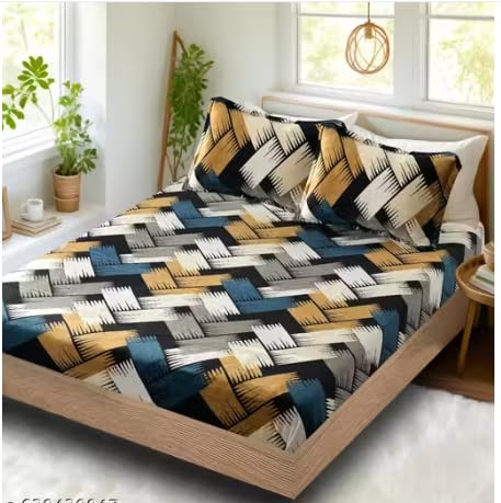 Image of Warm Flannel (Flano) King Size Winter Fitted Bedsheet | All Side Elastic Premium Winter Soft Velvet Furnishing Bed Sheet with 2 Big Pillow Cover Size - 72 x 78 X 8 Inches Zigzag Brown