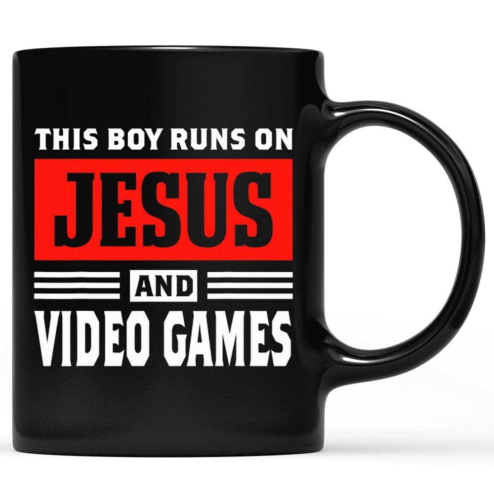 LAMX This Boy Runs On Jesus and Video Games Christian 51v99 11 Ounces Funny Coffee Black Mug87812