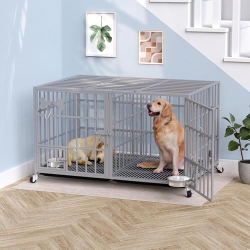 Hundekäfig, Hundebox mit Bodenschale, Hundekäfig mit Trennwand, Hundegitterbox mit 2 Türen und Tablett, 2 in 1 Doppelbox Hundegitterbox für Große und mittlere Hunde, 120 x 73 x 68 cm, Silbrig