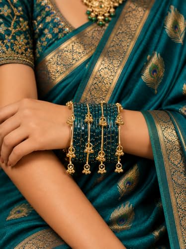 Image of JPS 16 Pcs Trendy Stylish Glass & Kashmiri Ghungroo Bangles Set for Women & Girls | Gold-Plated Traditional Festive Wedding Party Jewellery Chudi Set (12 Glass + 4 Metal)
