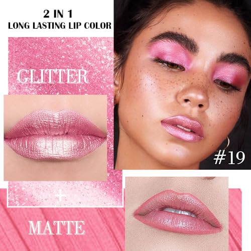 Image of evpct Warm Pink Metallic Glitter Lip Liner and Lipstick Combo Set Long Lasting Waterproof, Metallic Shimmer Lip Gloss Stain Makeup for Women, Warm Pink Frosted Iridescent Glossy Liquid Lipstick 19