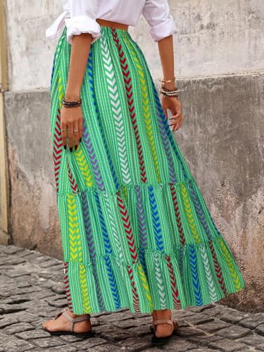 EARKOHA 2025 Women's Striped Pleated A-Line Maxi Skirt Casual Summer Boho Flowy Skirt Beach Vacation Outfits Green L2