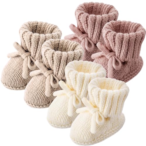 Image of Evervibe 3 Pair Knitted Baby Booties | 100% Cotton, 0-6 Months Newborn, Crochet, Breathable, Baby Shower Booties Centerpiece