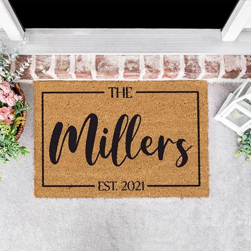 Image of Personalized Doormat with Family Name & 6 Designs, 18 inch x 30 inch - Durable Coir Fiber with Anti-Slip Backing, Outdoor-Indoor Use