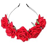 HENGSONG Damen Mädchen Rose Blume Haarreif Blumenstirnband Garland Festival Hochzeit Braut Brautjungfer Haarband Kopfband Kranz (Rot)