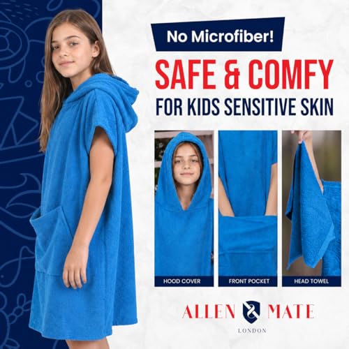 Image of ALLEN & MATE 100% Cotton Kids Hooded Surf Poncho Changing Robe, Quick Absorbent Wearable Swim Towel Boys & Girls, 6-13 Years