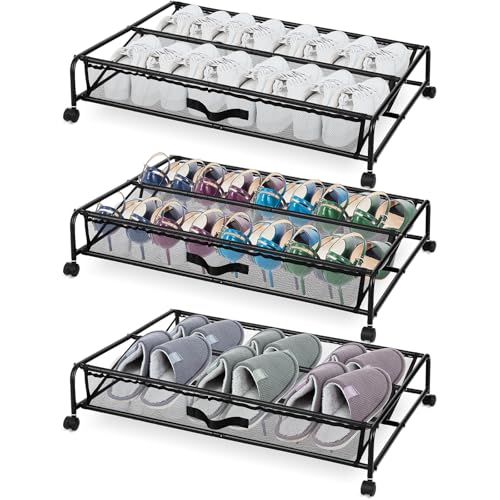 Teenyyou 3 Packs Under Bed Shoe Storage Organizers with Wheels Large Rolling Under bed Metal Shoe Drawers Assembly for House Bedroom Apartment Sofa Drawer Organization Storage Space Saving