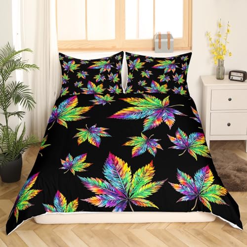 Housse de couette feuilles de cannabis rustiques : parure de lit originale 3 pièces - 3