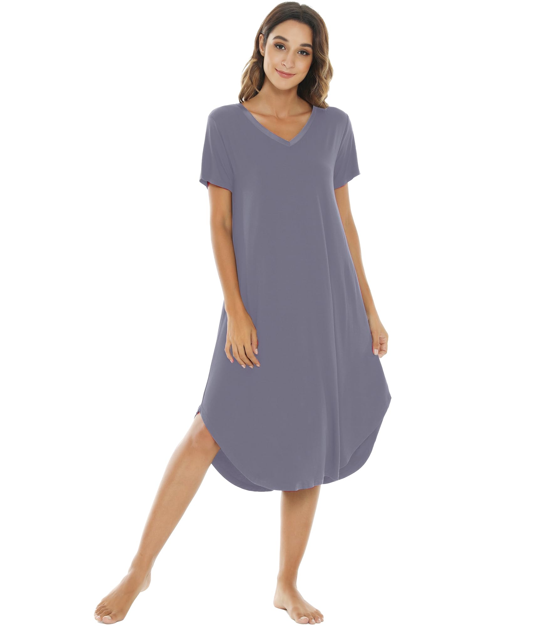 NACHILA Bamboo Viscose Nightgowns for Women Cooling Short Sleeve Sleepshirt | Soft V Neck Night Gowns, Moisture-Wicking Sleepwear for Hot Flashes &amp; Night Sweats, Ladies Nightshirts for Sleep, Home, Gift