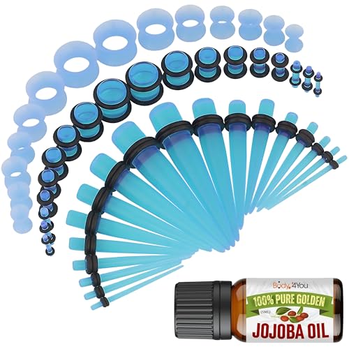 BodyJ4You 54PC Ear Stretching Kit 14G-12mm - Aftercare Jojoba Oil - Transparent Aqua Acrylic Plugs Gauge Tapers Silicone Tunnels - Lightweight Expanders Men Women