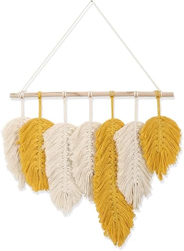 Hoja de macramé para colgar en la pared, decoración de pared amarilla para sala de estar, tapiz tejido a mano, decoración de pared bohemia, tejido