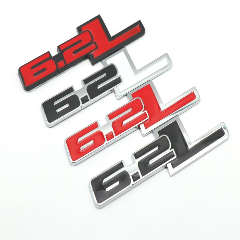 Image of 2Pc 6.2L Emblems Engine Name 3D Metal Badge Aluminum Adhesive Sticker Decal Fit for 150 (Silver Red)