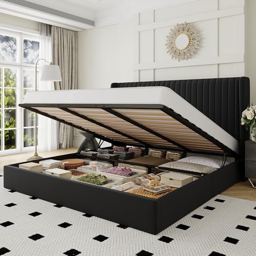 Image of Allewie King Size Lift Up Storage Bed Frame Channel Tufted Headboard Black